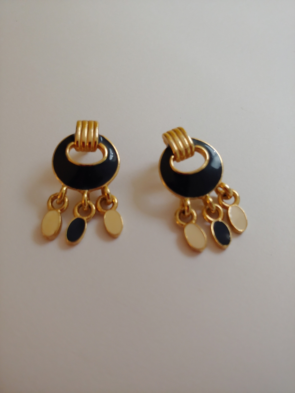 Gold-Tone Earrings with Navy and Cream Enamel Drops